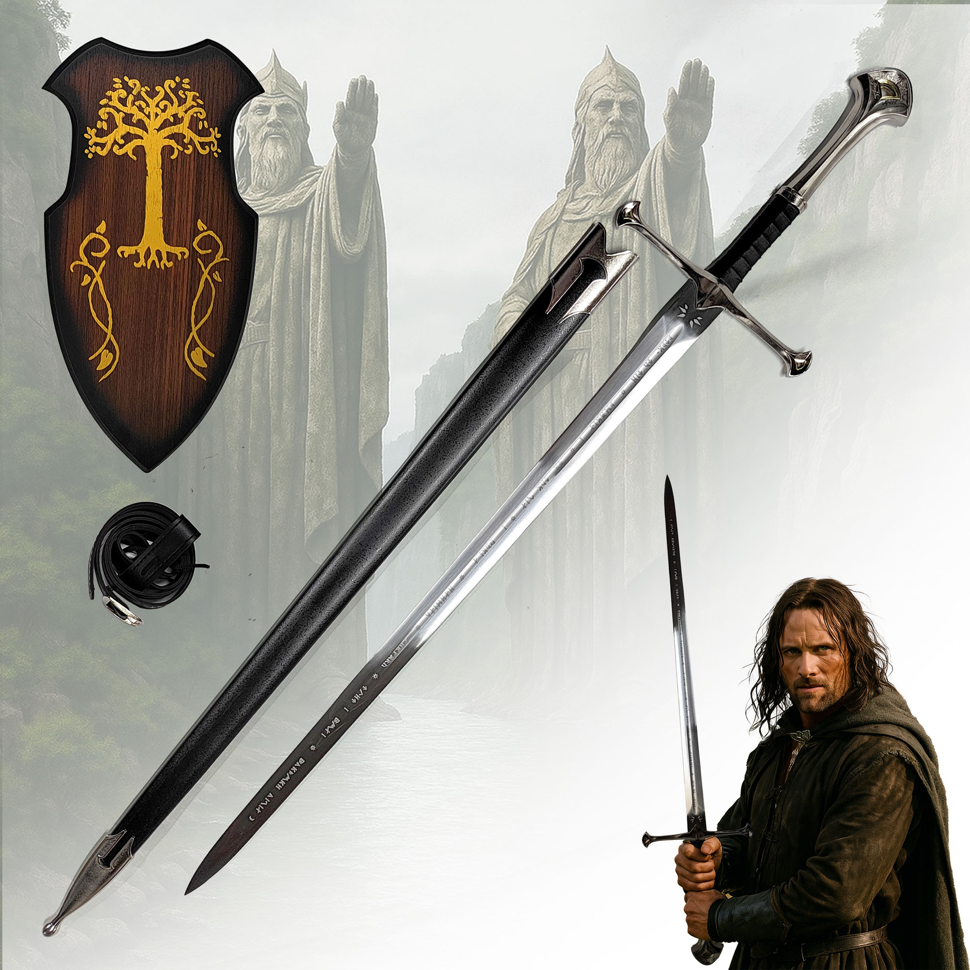 Königsschwert Handgeschmiedet, Scharfe Klinge, Komplettset mit Scheide, Wandhalterung & Gürtel